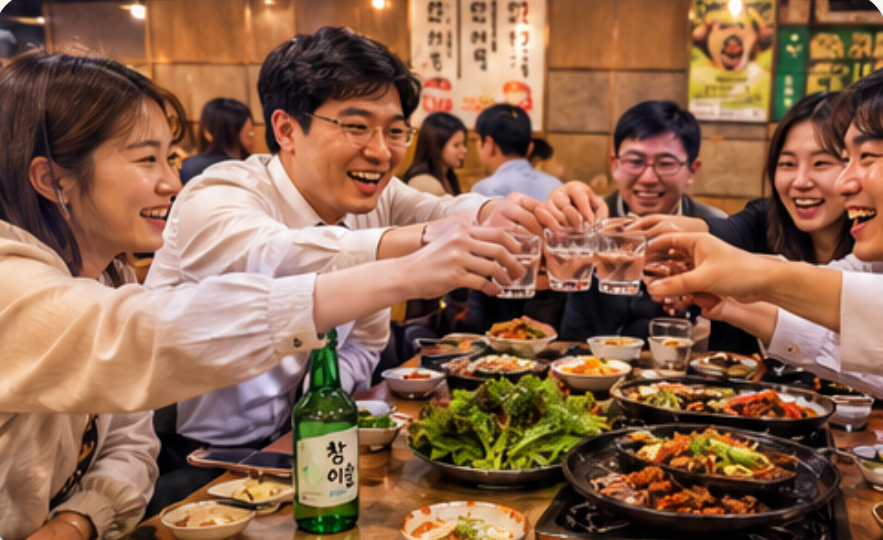 Friends and coworkers raising soju glasses together during a Korean meal