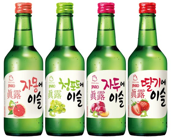 Fruit-flavored Jinro soju bottles including grapefruit, green grape, peach and strawberry