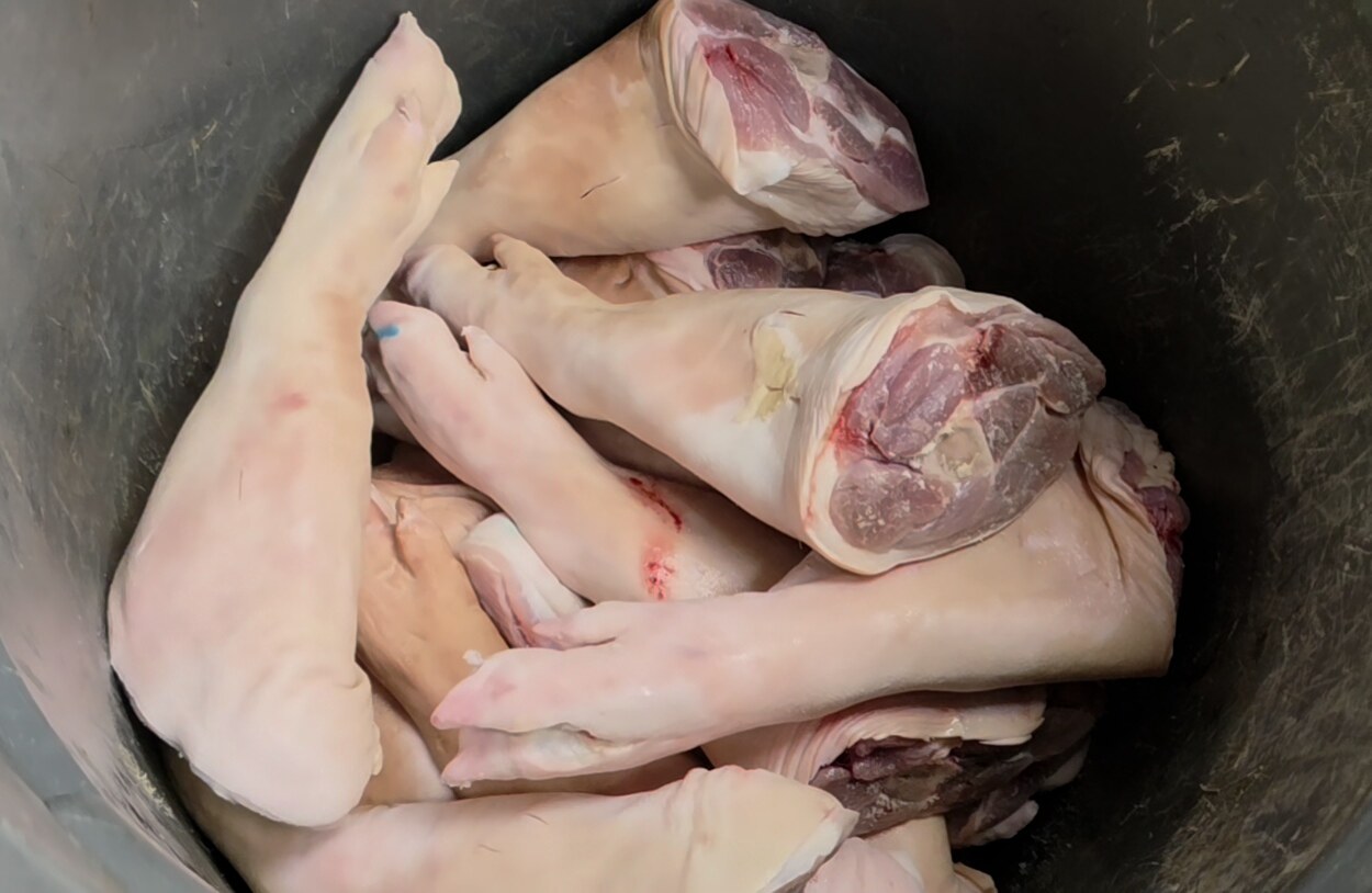Prepared pork hocks before cooking in the JCDKR kitchen