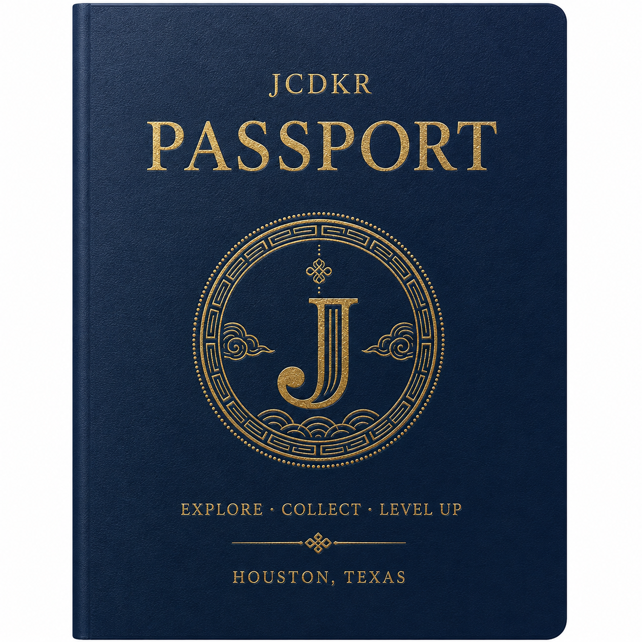 JCDKR Passport cover in dark navy with gold lettering